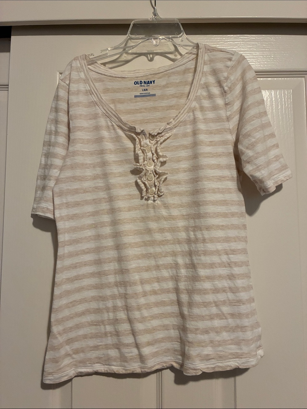 Old Navy Cream & White Striped Ruffle Henley